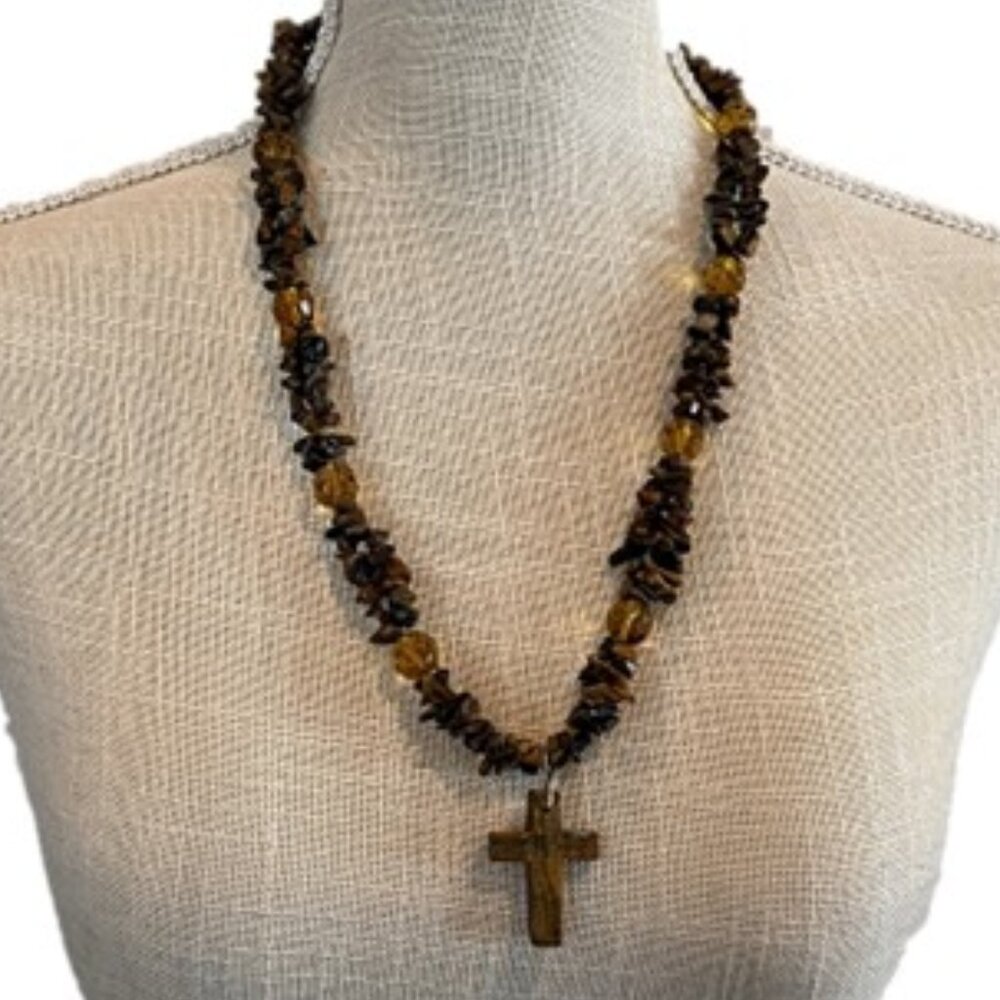 Double Strand Tiger Eye Cross Necklace